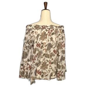 Umgee Sz LG Cream Brown Smocked Off Shoulder Long Sleeve Floral Leaf Women's Top